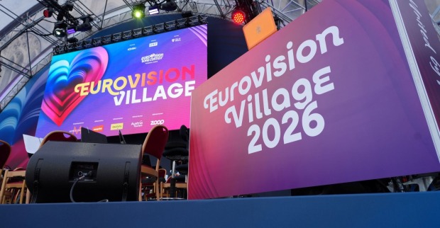 Ansicht des ESC-Village 2026 am Wiener Rathausplatz, welches am Montag wegen Regen geräumt wurde