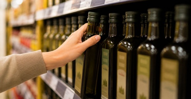Kunde nimmt Olivenölflasche aus dem Regal im Supermarkt – ÖKO-TEST zeigt Belastung durch Pestizide und Mineralöl