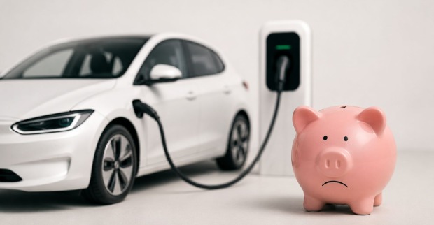 Elektroauto wird an Ladestation geladen, daneben ein trauriges Sparschwein als Symbol für steigende Kosten durch den neuen Sachbezug bei E-Dienstwagen