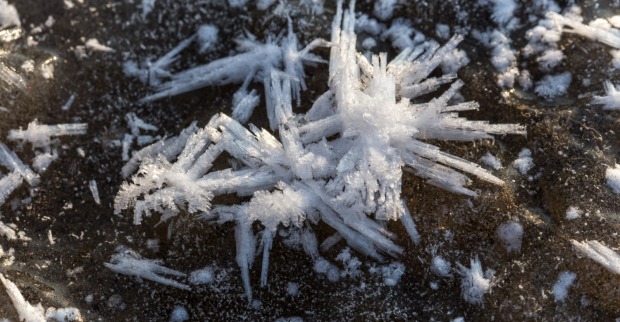 Eis und Schnee zu sehen auf einem winterlichen Boden.