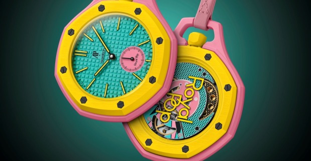 Swatch Audemars Piguet Royal Pop Uhr in Gelb und Pink mit „Petite Tapisserie“-Zifferblatt und achteckiger Lünette