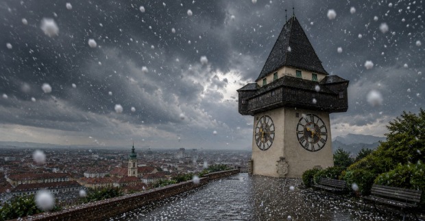 KI-generierte Darstellung von Hagelkörnern am Grazer Uhrturm als Themenbild für die Unwetter in Graz