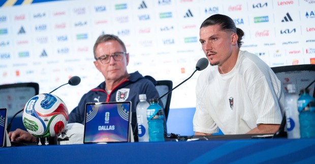 Ralf Rangnick und Marcel Sabitzer bei der PK vor dem Argentinien Spiel.