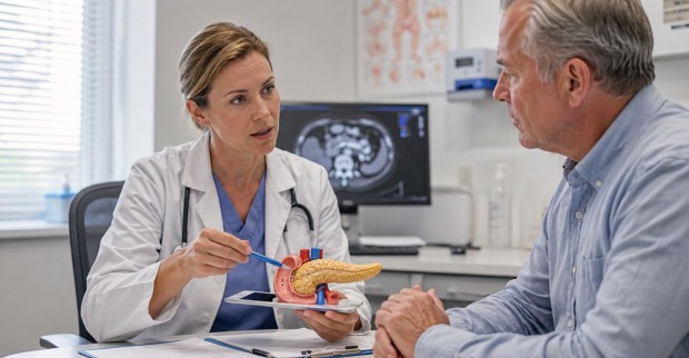 Arzt erklärt Bauchspeicheldrüsenkrebs Patient Zusammenhang Diabetes Frühzeichen oft übersehen