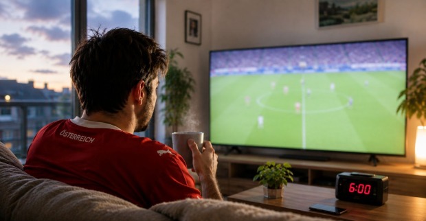 Mann sitzt früh morgens vor dem Fernseher und schaut Österreich Jordanien Spiel um 6 Uhr mit Kaffee
