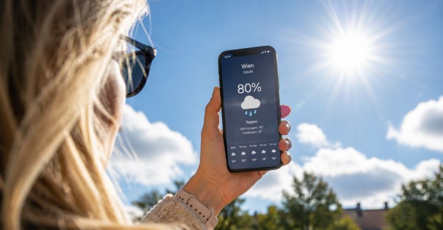 Frau schaut auf Smartphone mit Regenvorhersage bei strahlendem Sonnenschein und blauem Himmel
