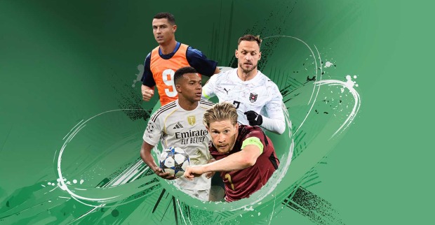 Collage mit mehreren internationalen Fußballstars vor grünem Hintergrund. Die Spieler sind in unterschiedlichen Trikots und Posen dargestellt und symbolisieren die Top-Stars der Fußball-WM 2026.