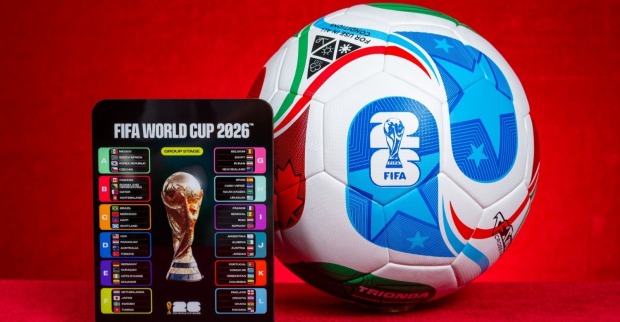 Fifa World Cup 2026 Gruppenphase und Fußball auf rotem Hintergrund.