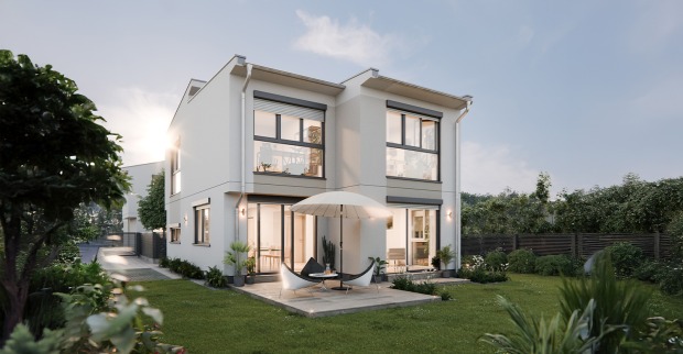 Idyllisches Wohnhaus im Grünen bei Abenddämmerung | Credit: Glorit Bausysteme