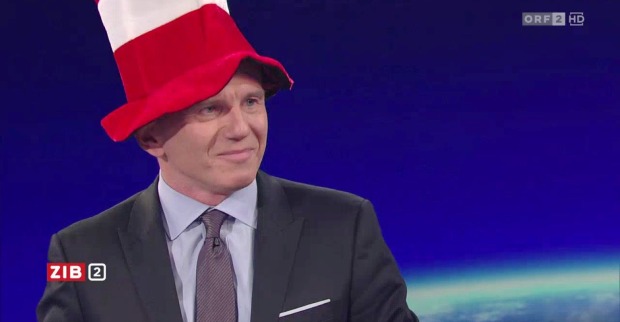 Armin Wolf in der ZiB2 mit rot-weiß-rotem Hut/Armin Wolf wird 60