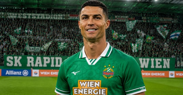 Montage von Cristiano Ronaldo im Trikot des SK Rapid Wien vor dem Block West des Allianz Stadion