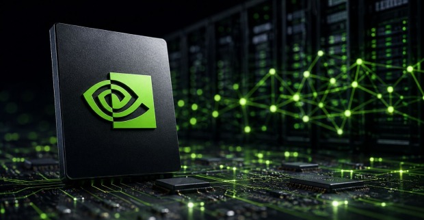 Nvidia Chip vor Servern und KI-Netzwerk als Symbol für den KI-Boom und die mögliche Übernahme von Hugging Face
