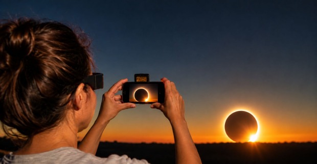 Sonnenfinsternis mit Smartphone fotografieren bei Sonnenuntergang