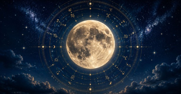 Vollmond vor einem astrologischen Kreis mit Tierkreiszeichen am nächtlichen Sternenhimmel