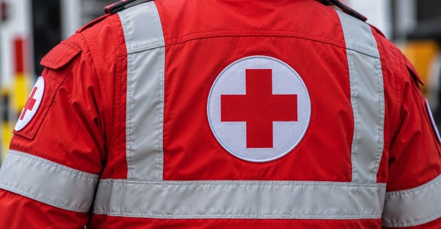 Rettungskraft in roter Einsatzuniform nach tödlichem Badeunfall am Neufelder See.