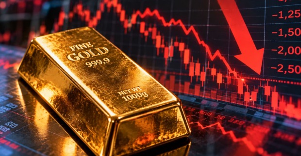 Goldbarren vor einem Aktienchart mit fallenden Kursen und rotem Abwärtstrend