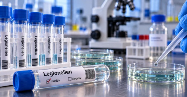 Symbolbild einer Laboruntersuchung auf Legionellen mit Reagenzgläsern