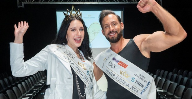 Miss Austria Lucia Sisic gemeinsam mit Mister Austria Christopher Dengg bei ihrer Wahl 2024
