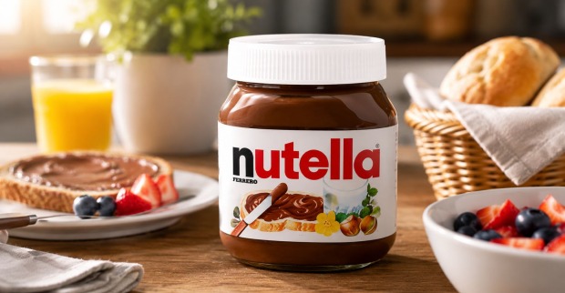 Nutella Glas auf einem gedeckten Frühstückstisch mit Brot, Nuss-Nougat-Creme und Beeren.