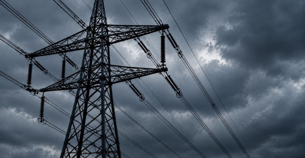 Strommast mit Hochspannungsleitungen vor düsterem Himmel als Symbolbild für Sabotage am deutschen Stromnetz.