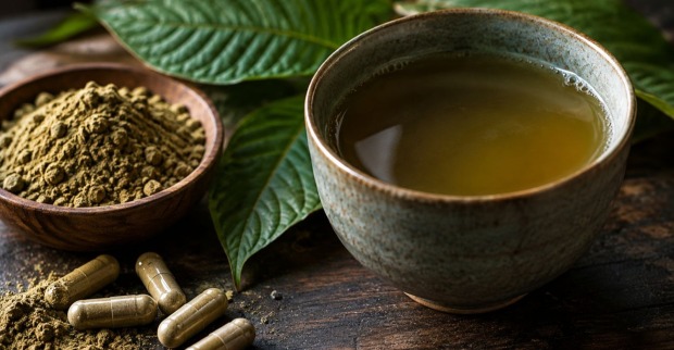 Kratom-Tee, Kratom-Pulver und Kapseln neben Blättern der Kratom-Pflanze.