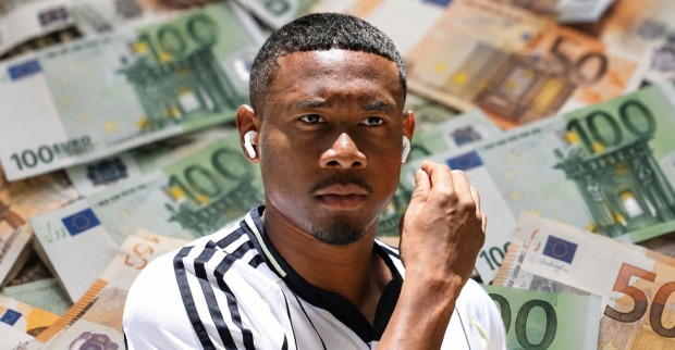 David Alaba vor Euro-Geldscheinen als Symbol für sein deutlich niedrigeres Gehalt nach dem Wechsel zu Udinese.