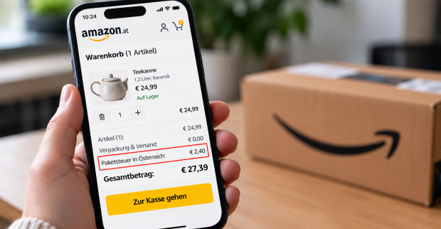 Amazon-Bestellung mit 2,40 Euro Paketsteuer in Österreich auf dem Smartphone