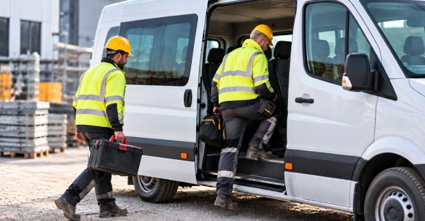 Fahrzeit als Arbeitszeit: Zwei Bauarbeiter in Warnschutzkleidung steigen an einem Einsatzort in einen weißen Firmenbus.