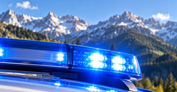 Polizeiwagen auf einer Verfolgungsjagd in den Alpen