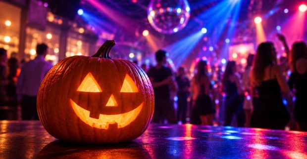 Geschnitzter Halloween-Kürbis auf einer Tanzfläche in einer Diskothek