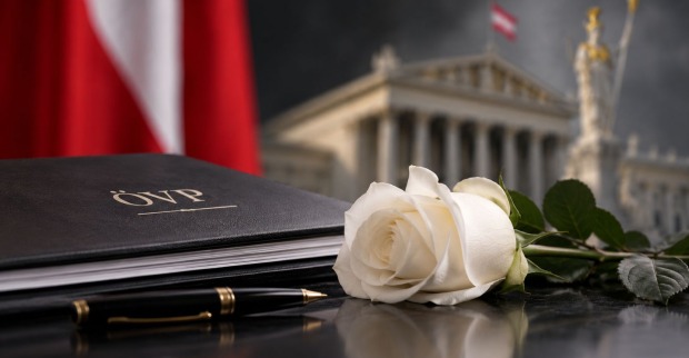 Weiße Rose auf einer schwarzen Mappe mit ÖVP-Schriftzug, österreichische Flagge und Parlament im Hintergrund als Symbolbild zum Tod von Heribert Steinbauer.