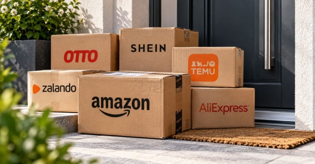 Pakete großer Onlinehändler vor einer Haustür zur neuen Paketsteuer in Österreich