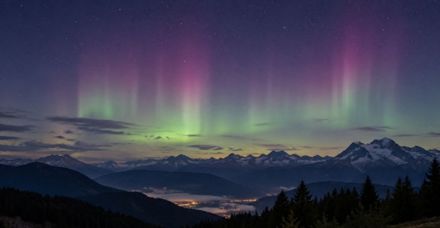 Grüne und violette Polarlichter am Nachthimmel über einer dunklen Alpenlandschaft mit schneebedeckten Bergen.
