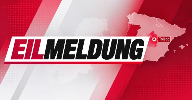 Eilmeldung zum Zugunglück in Spanien mit rot-weißer Grafik, Spanienkarte und markiertem Unfallort Toledo.