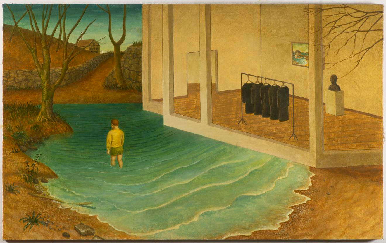 Jdu v neznámém městě / I'm walking in an unknown city, 2025
tempera, olej na desce / tempera, oil on board
75 x 120.5 cm