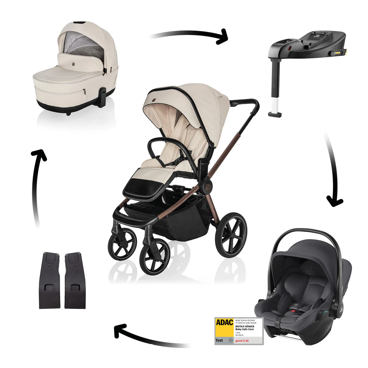 Zopa Kočík Move Cross 5X + autosedačka Baby-Safe Core + základňa Baby-Safe Core, Quartz Beige