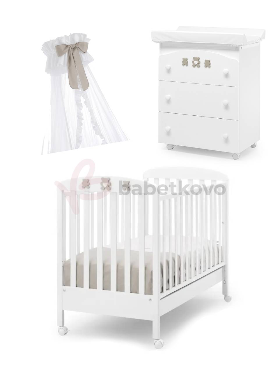 Erbesi Molly Detská izba - postieľka, komoda, baldachýn Biela/hnedá