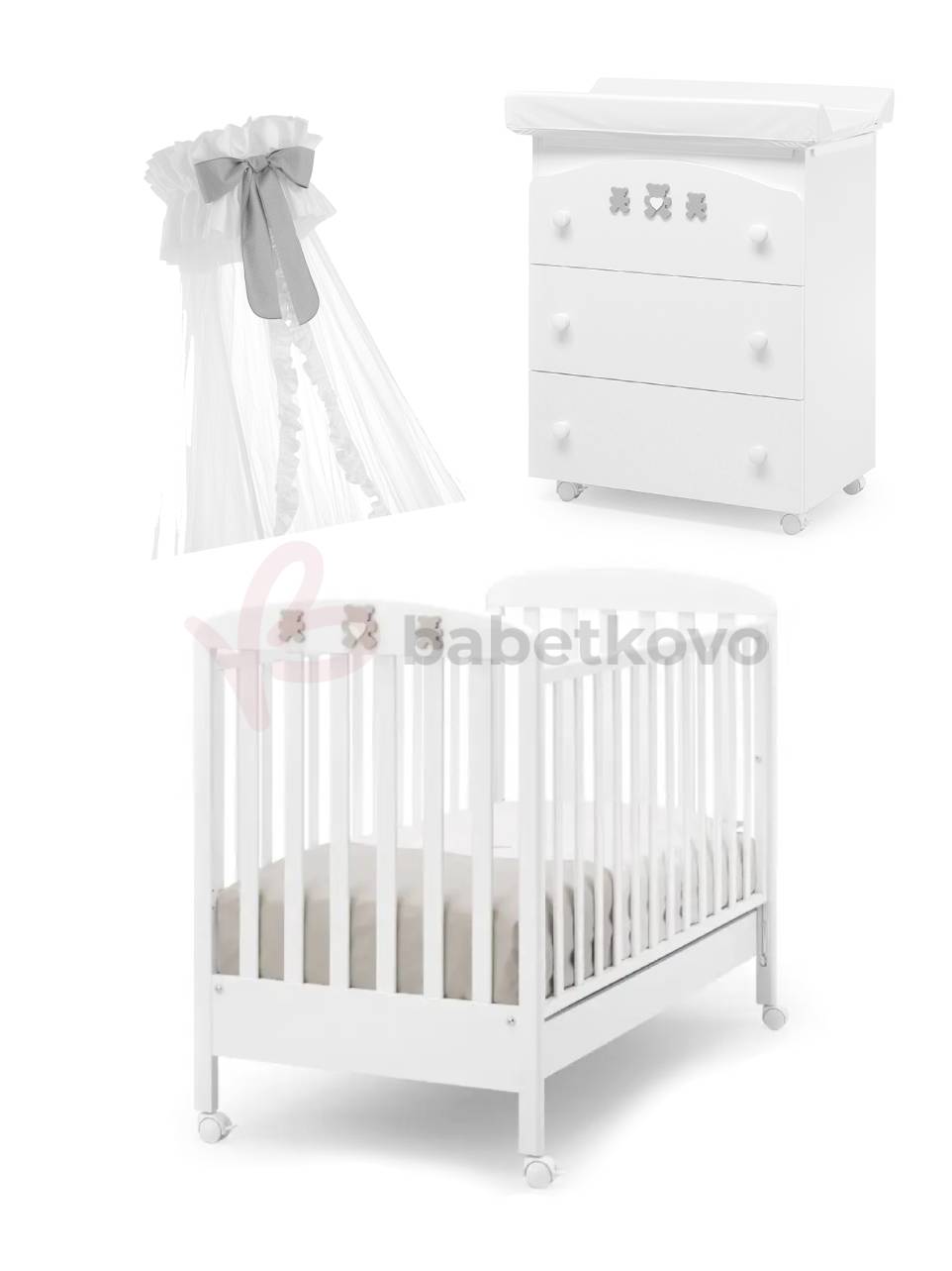 Erbesi Molly Detská izba - postieľka, komoda, baldachýn Biela/sivá