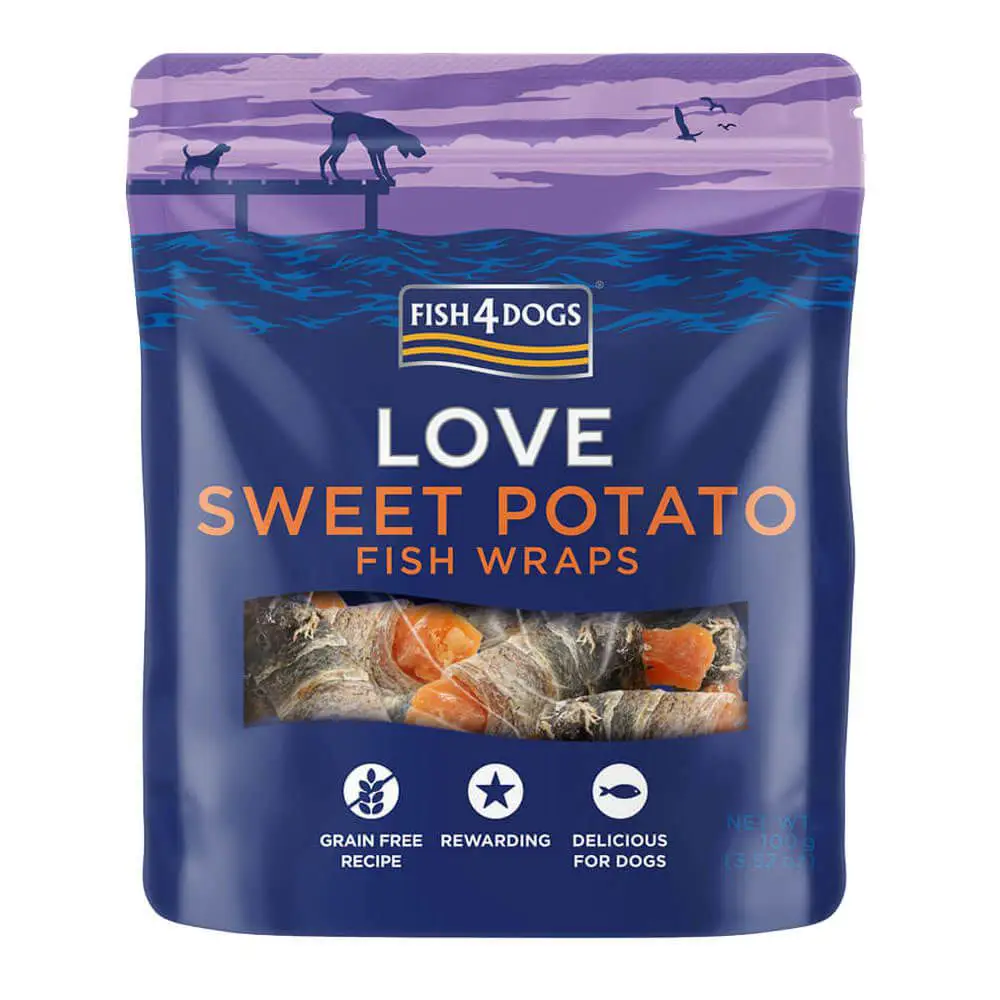 FISH4DOGS Maškrty pre psov LOVE rybie závitky s batátom 100 g