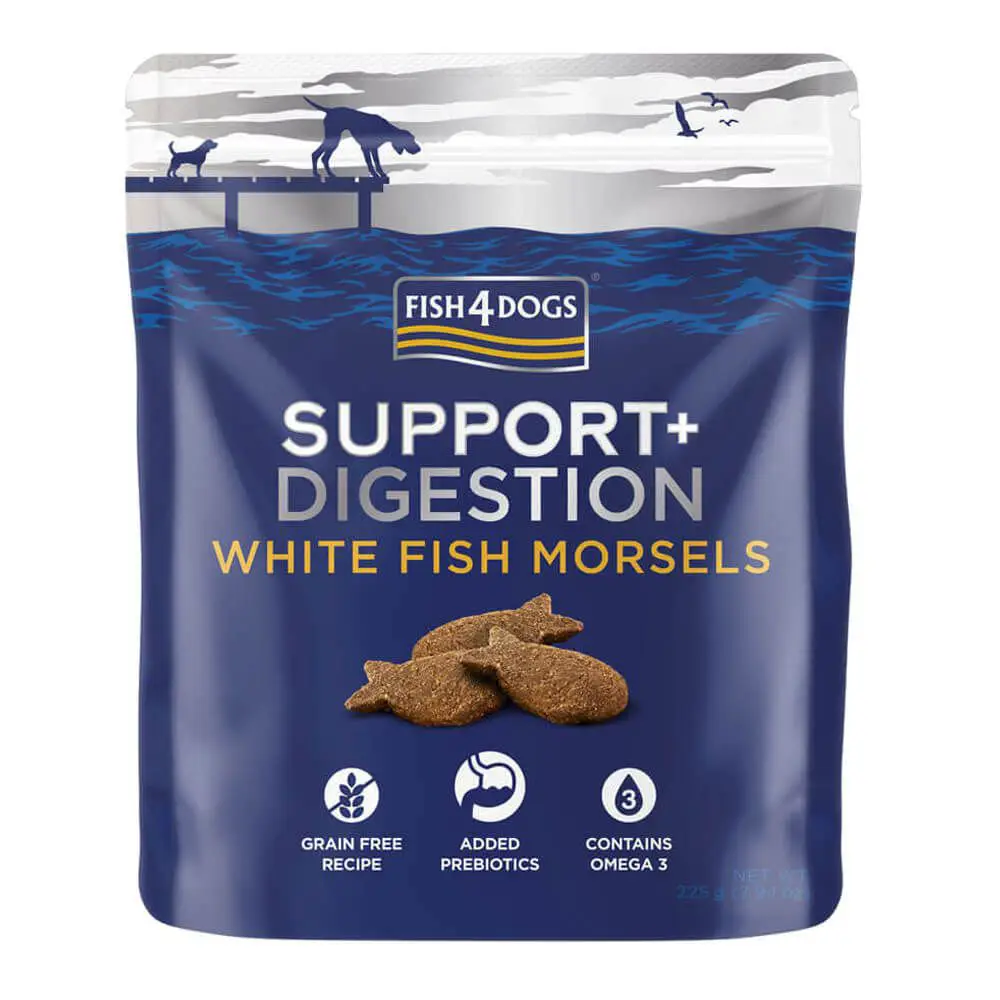 FISH4DOGS Maškrty pre psov SUPPORT+ podpora trávenia biela ryba s prebiotikami 225 g
