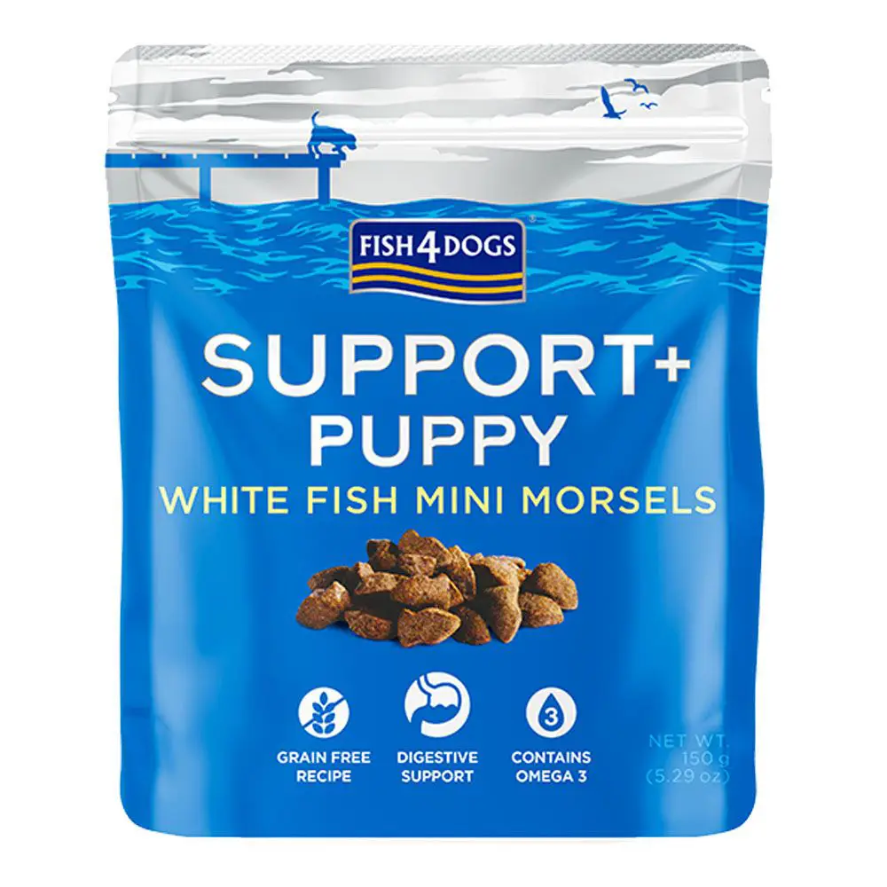FISH4DOGS Maškrty pre šteniatka SUPPORT+ podpora trávenia biela ryba s prebiotikami 150 g