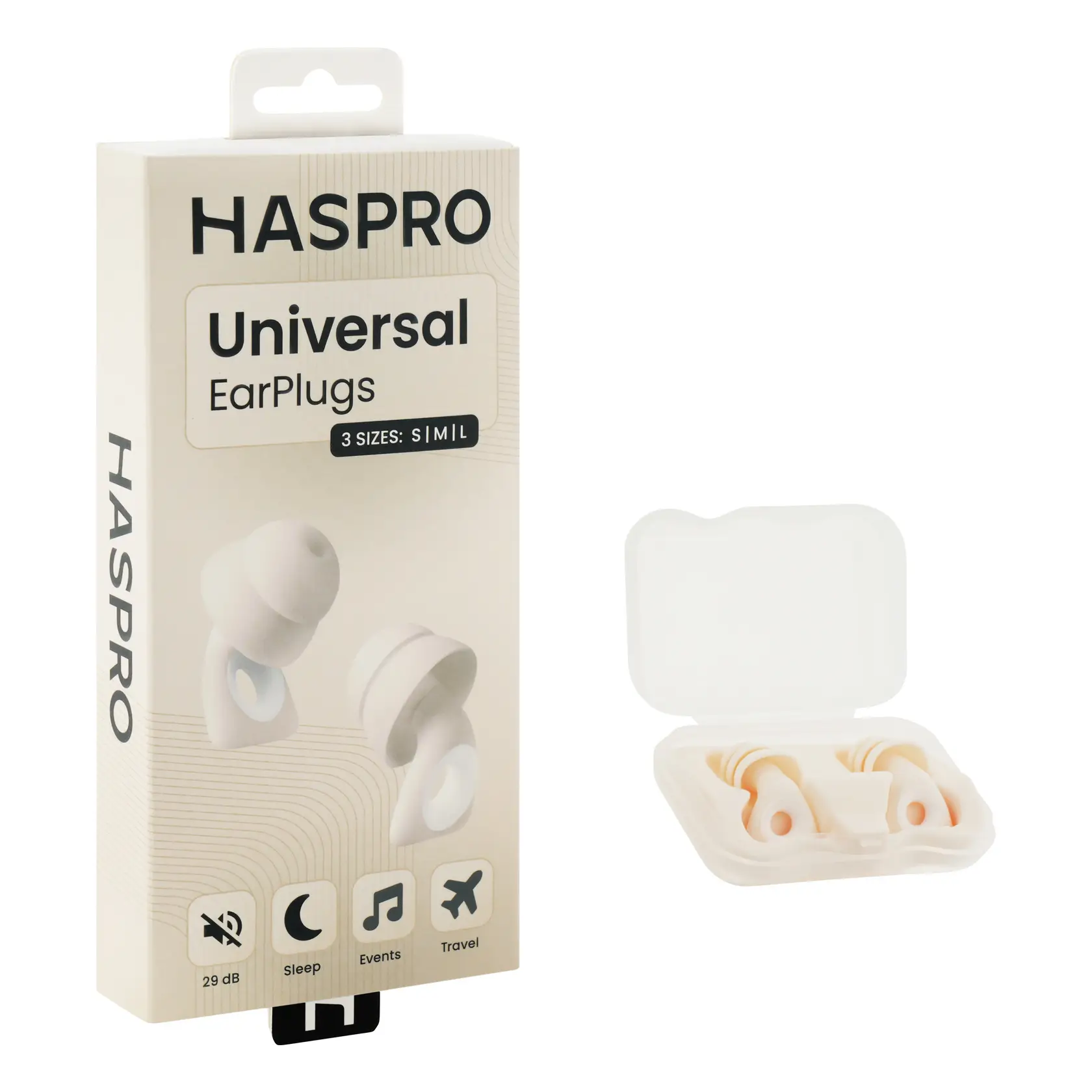 Haspro Univerzální špunty do uší, silikonové, 29 dB, koncovky (S,M,L), béžová