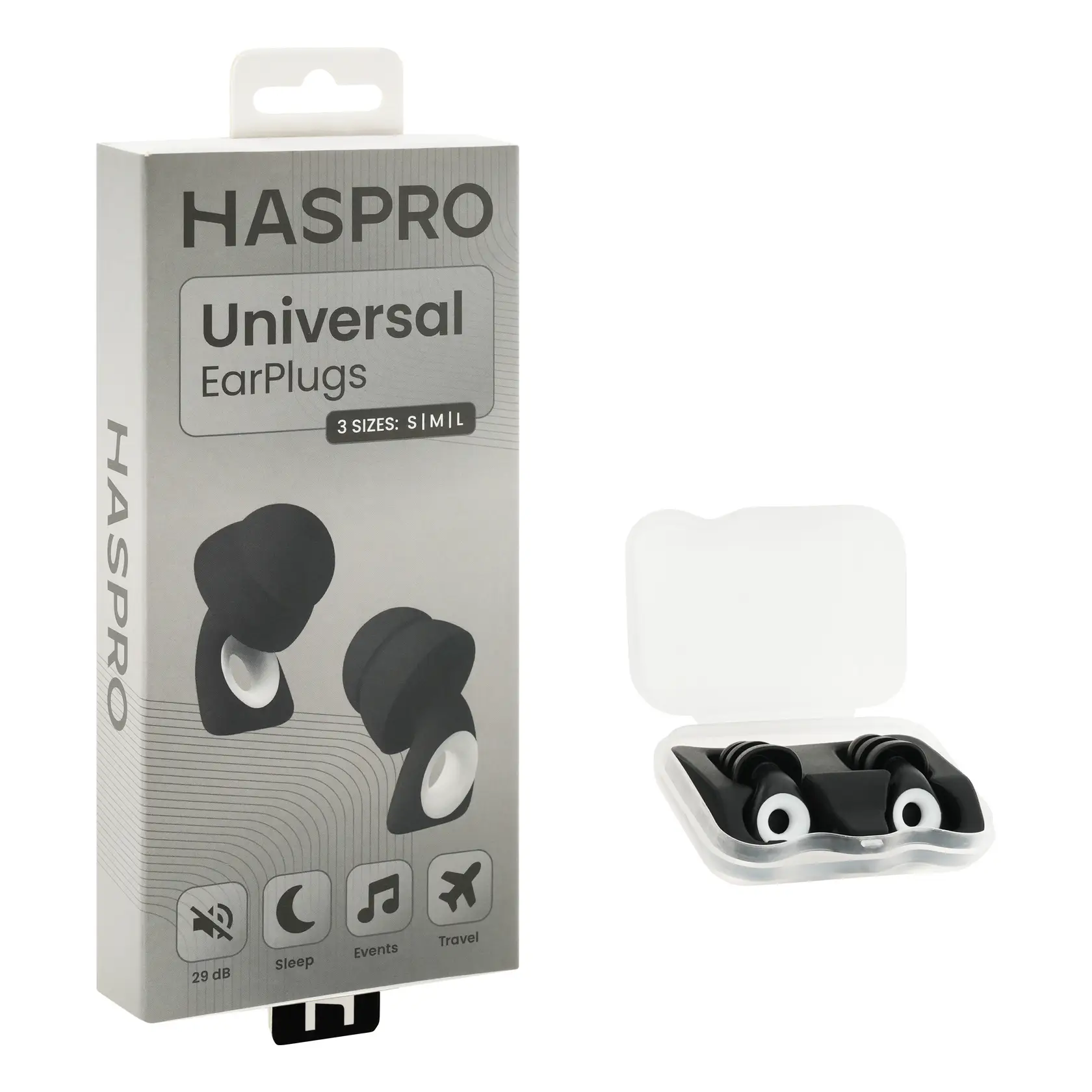 Haspro Univerzální špunty do uší, silikonové, 29 dB, koncovky (S,M,L), černá