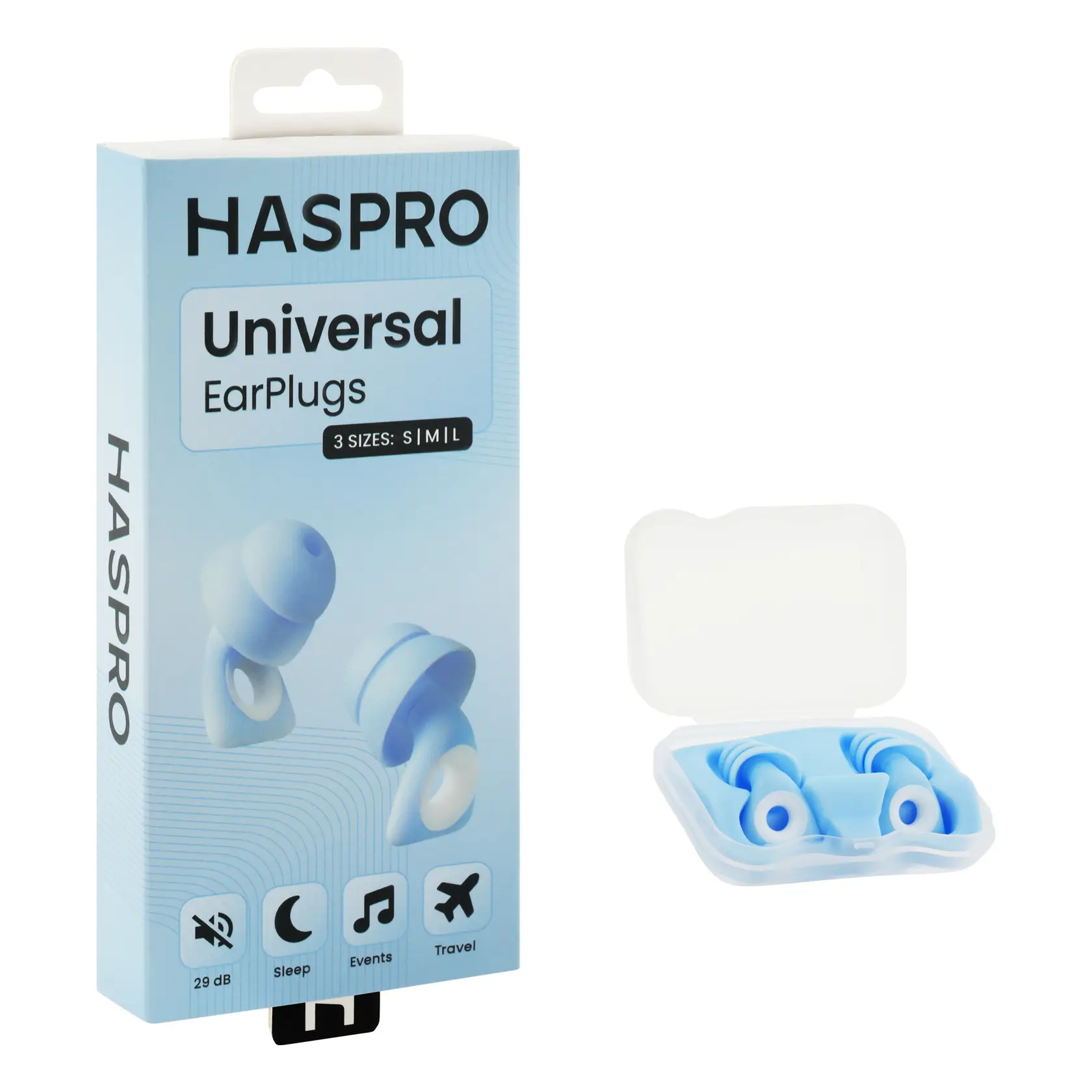 Haspro Univerzální špunty do uší, silikonové, 29 dB, koncovky (S,M,L), modrá