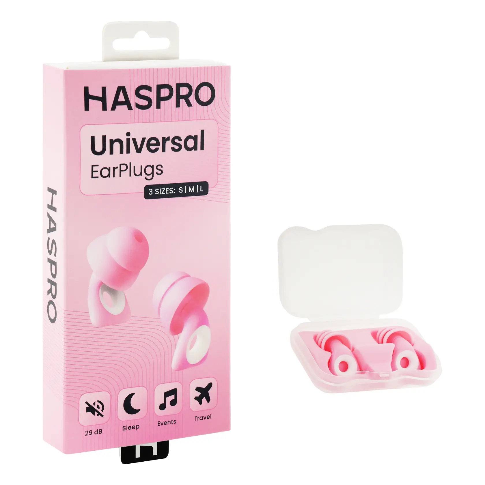 Haspro Univerzální špunty do uší, silikonové, 29 dB, koncovky (S,M,L), růžová