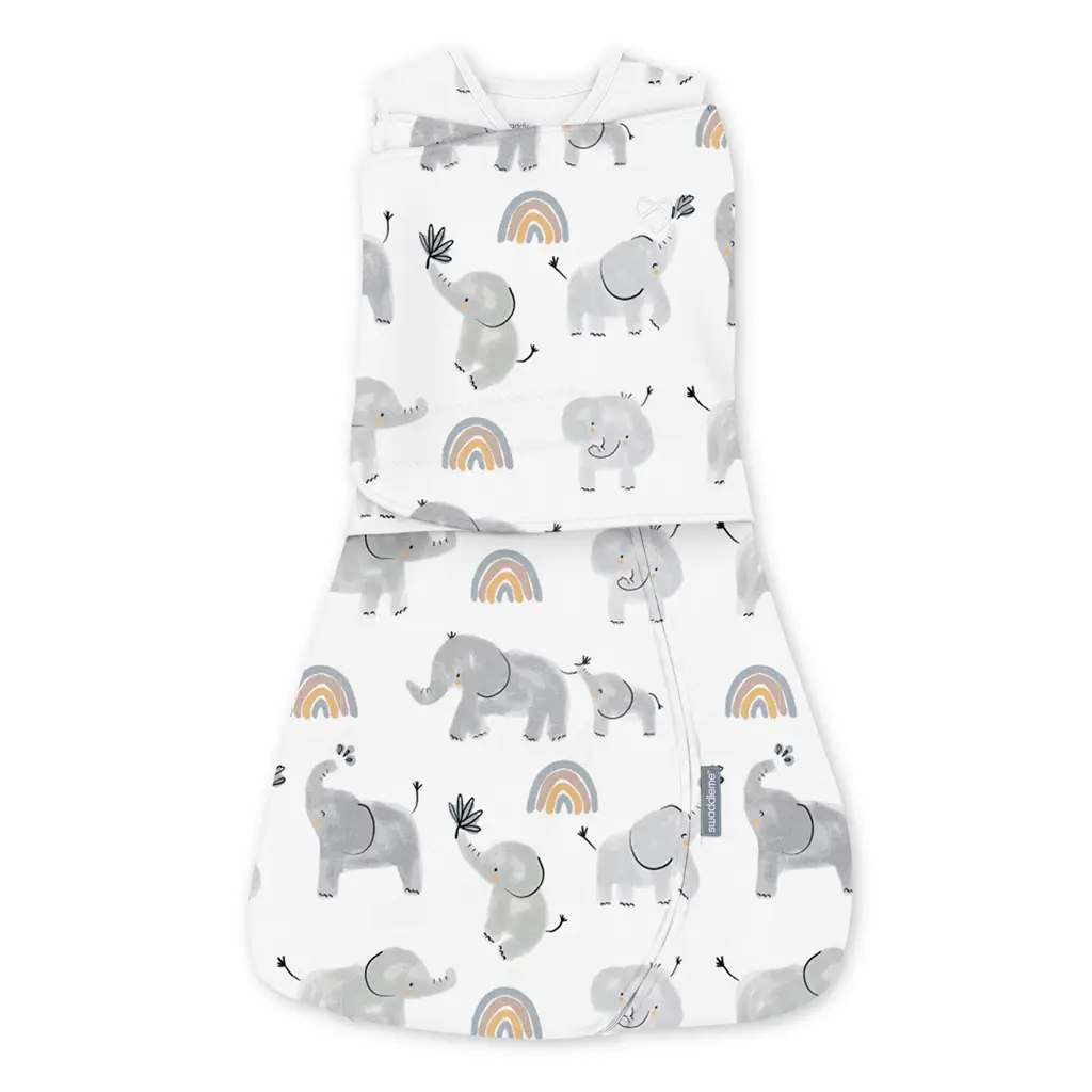 INGENUITY Zavinovačka bavlnená ulitka konvertibilná s voľným rukávom TOG 1 SwaddleMe™ Happy Elephant