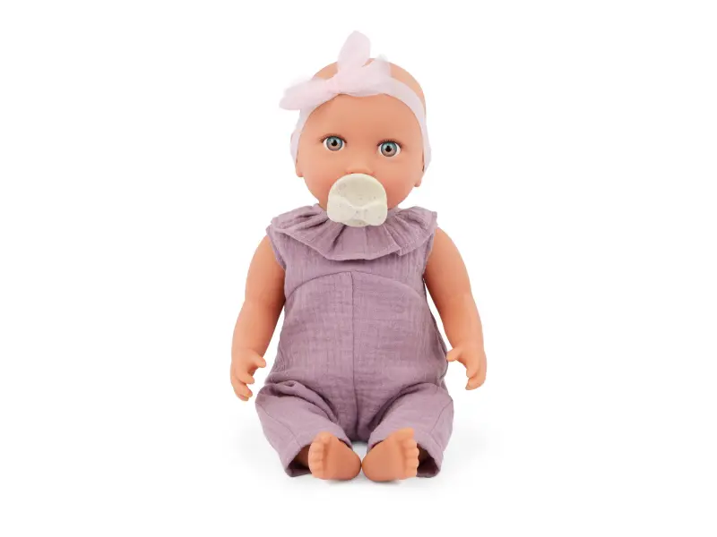 LullaBaby Bábika 35 cm v overale s čelenkou Lila