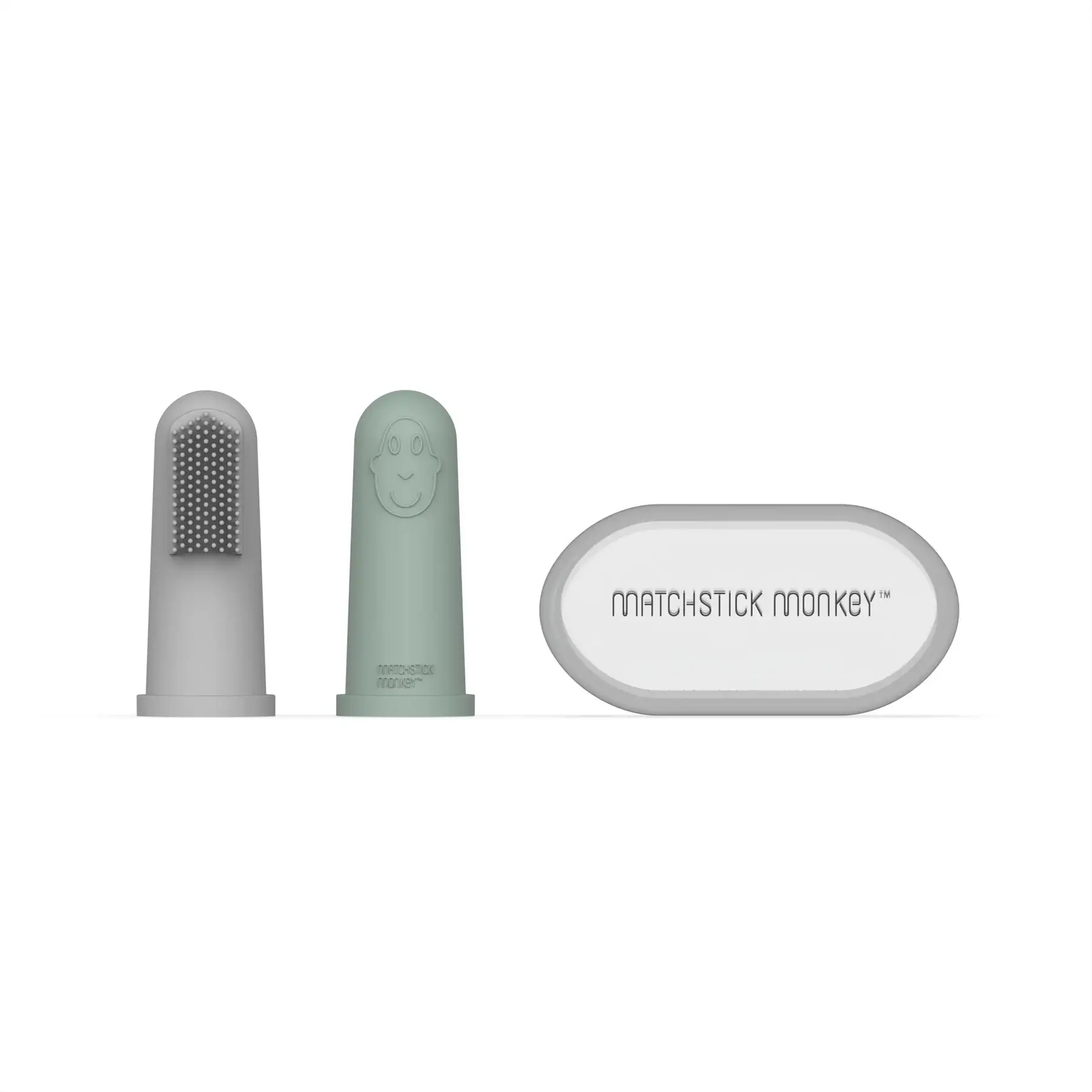SILIKÓNOVÉ ZUBNÉ KEFKY NA PRST S PUZDROM MATCHSTICK MONKEY - GREY AND MINT GREEN