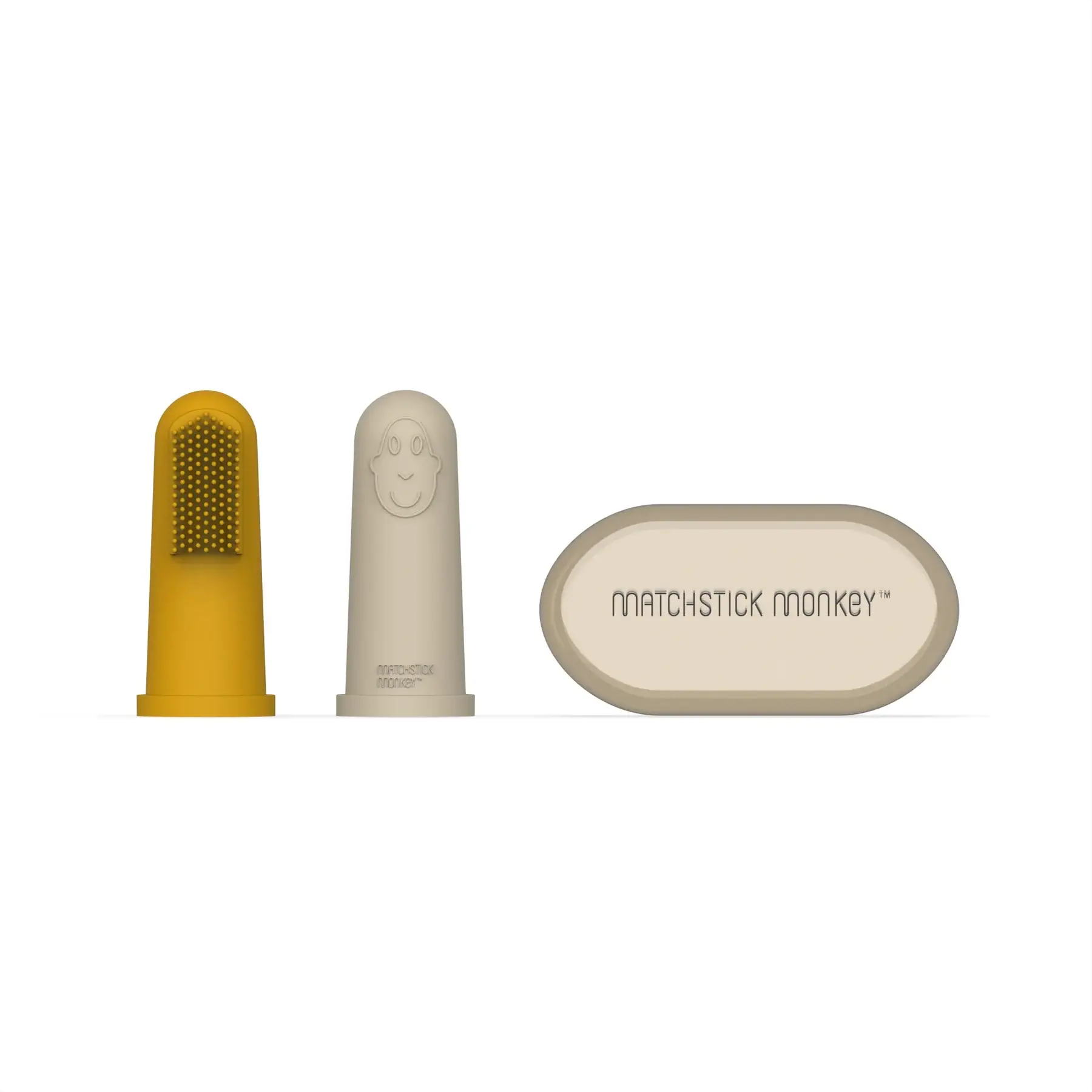 SILIKÓNOVÉ ZUBNÉ KEFKY NA PRST S PUZDROM MATCHSTICK MONKEY - YELLOW AND BEIGE