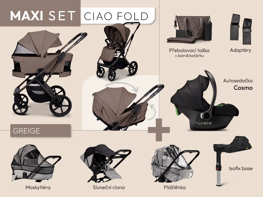 MOON Kombinovaný kočík CIAO FOLD maxi set - GREIGE